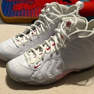 Nike Kids White and Red Foamposite Sneakers